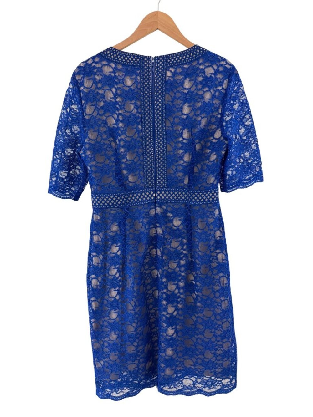Antonio Melani Blue Lace Sheath Dress Nude Lining Scalloped Size 14 Wedding - Picture 5 of 9